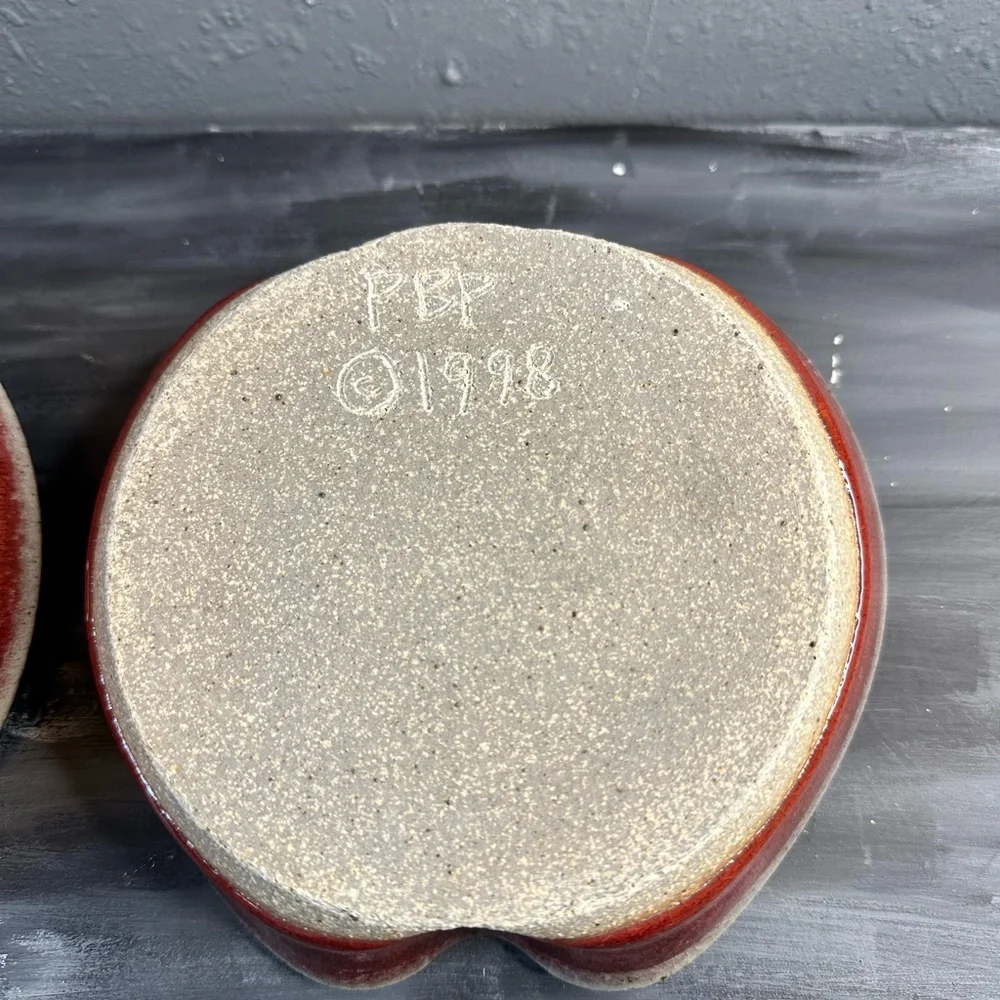 Vintage 1998 PBP red Stoneware individual apple shaped bakers set of 2 signed